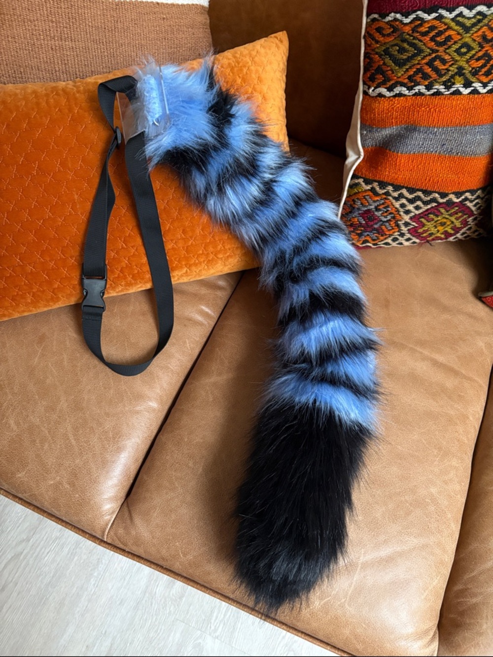 Black and Blue Striped Faux Fur Wolf Fox Tail